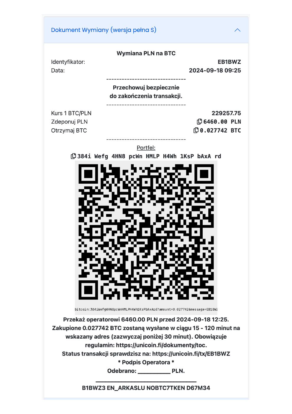 Elektroniczne odwzorowanie wydruku z terminala POS dla testowej wymiany PLN na BTC, z identyfikatorem, kwotami, adresem portfela i kodem QR