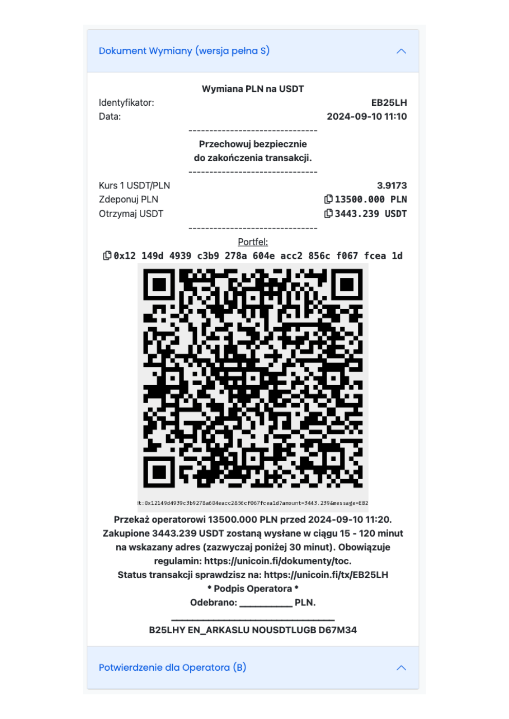 Elektroniczne odwzorowanie wydruku z terminala POS dla testowej wymiany PLN na USDT, z identyfikatorem, kwotami, adresem portfela i kodem QR