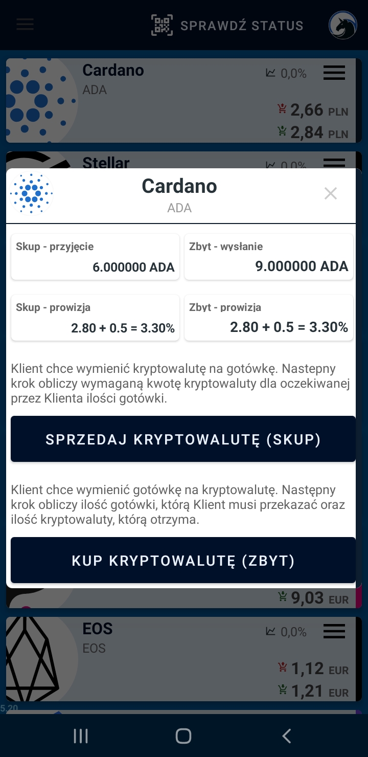Rzeczywisty ekran demonstracyjnej aplikacji Unicoin pokazujący kupno i sprzedaż Cardano