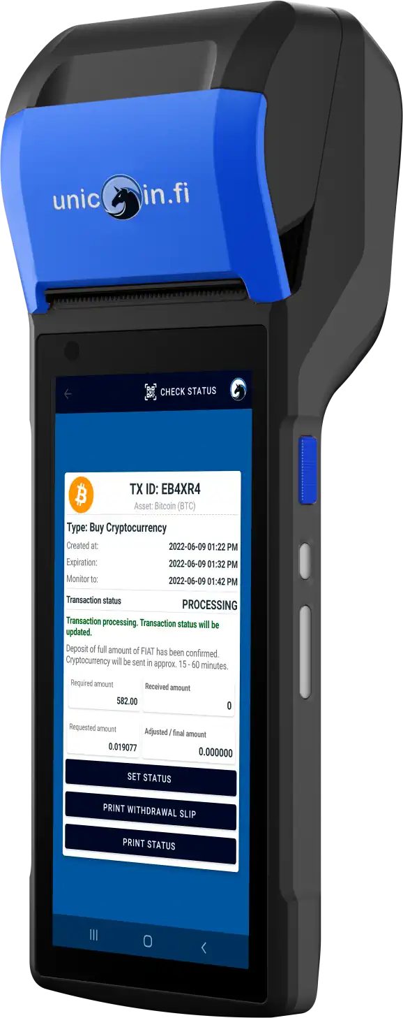 Terminal Unicoin z drukarką i ekranem statusu transakcji